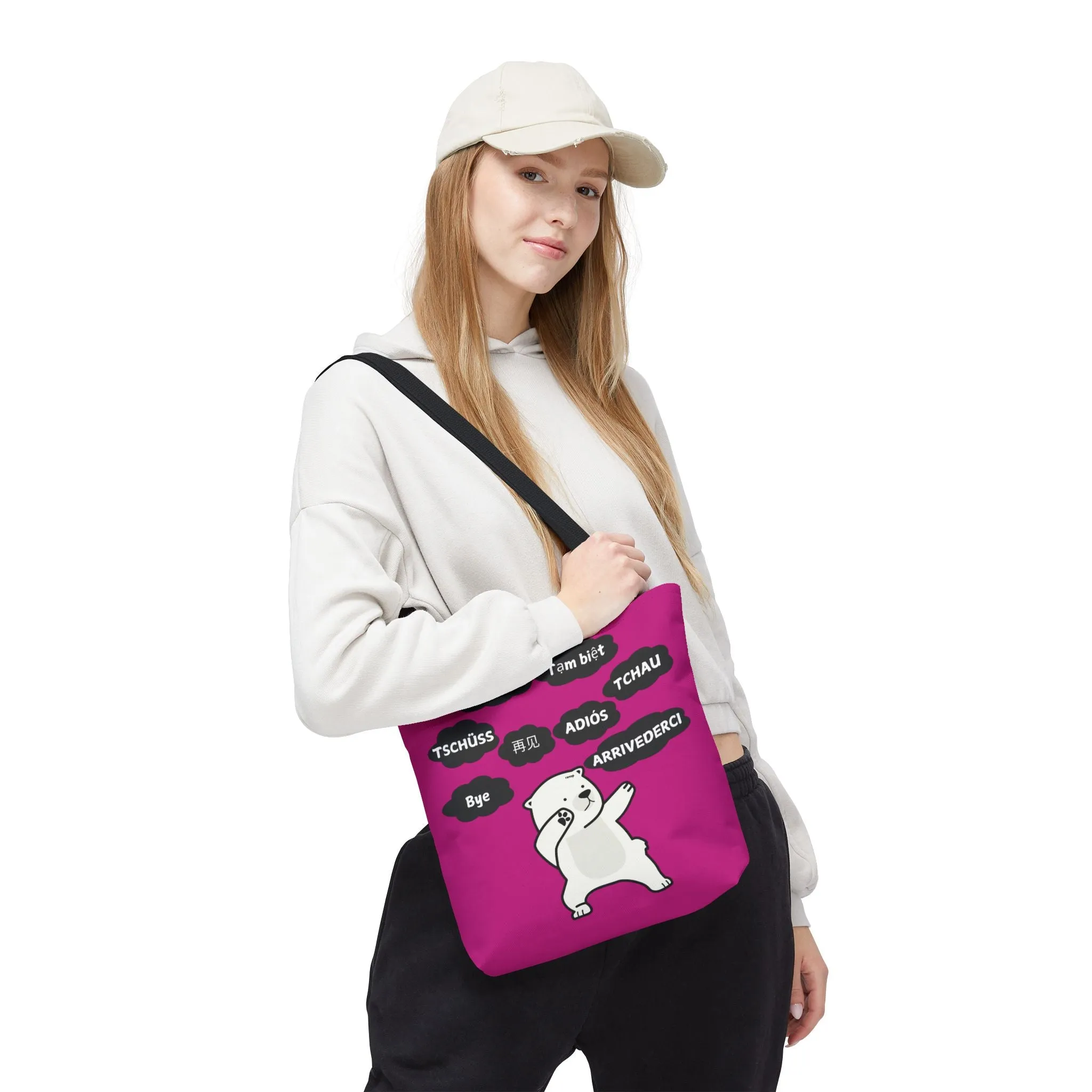 Pink Multilingual Farewell Tote Bag with Dancing Bear Design- Perfect for Friendship Gifts, Bag for Shopping, Everyday Shopping bag