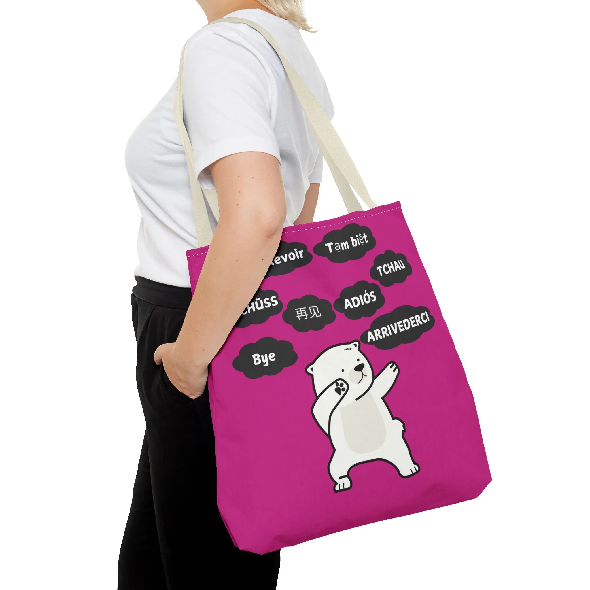 Pink Multilingual Farewell Tote Bag with Dancing Bear Design- Perfect for Friendship Gifts, Bag for Shopping, Everyday Shopping bag