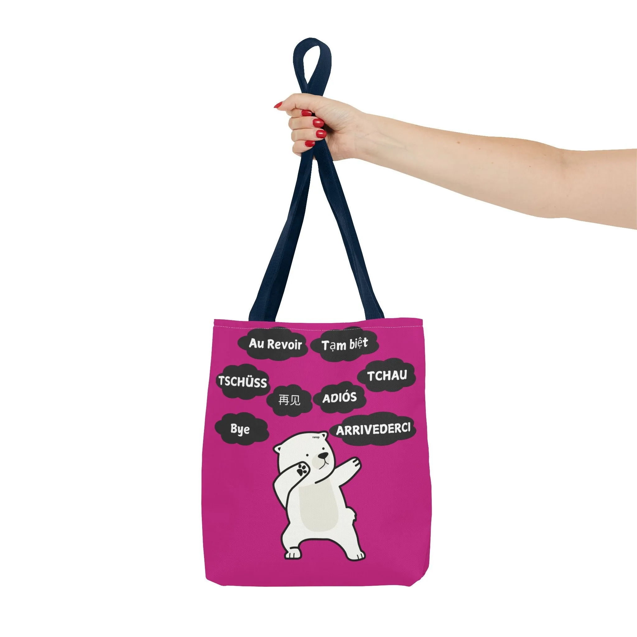 Pink Multilingual Farewell Tote Bag with Dancing Bear Design- Perfect for Friendship Gifts, Bag for Shopping, Everyday Shopping bag
