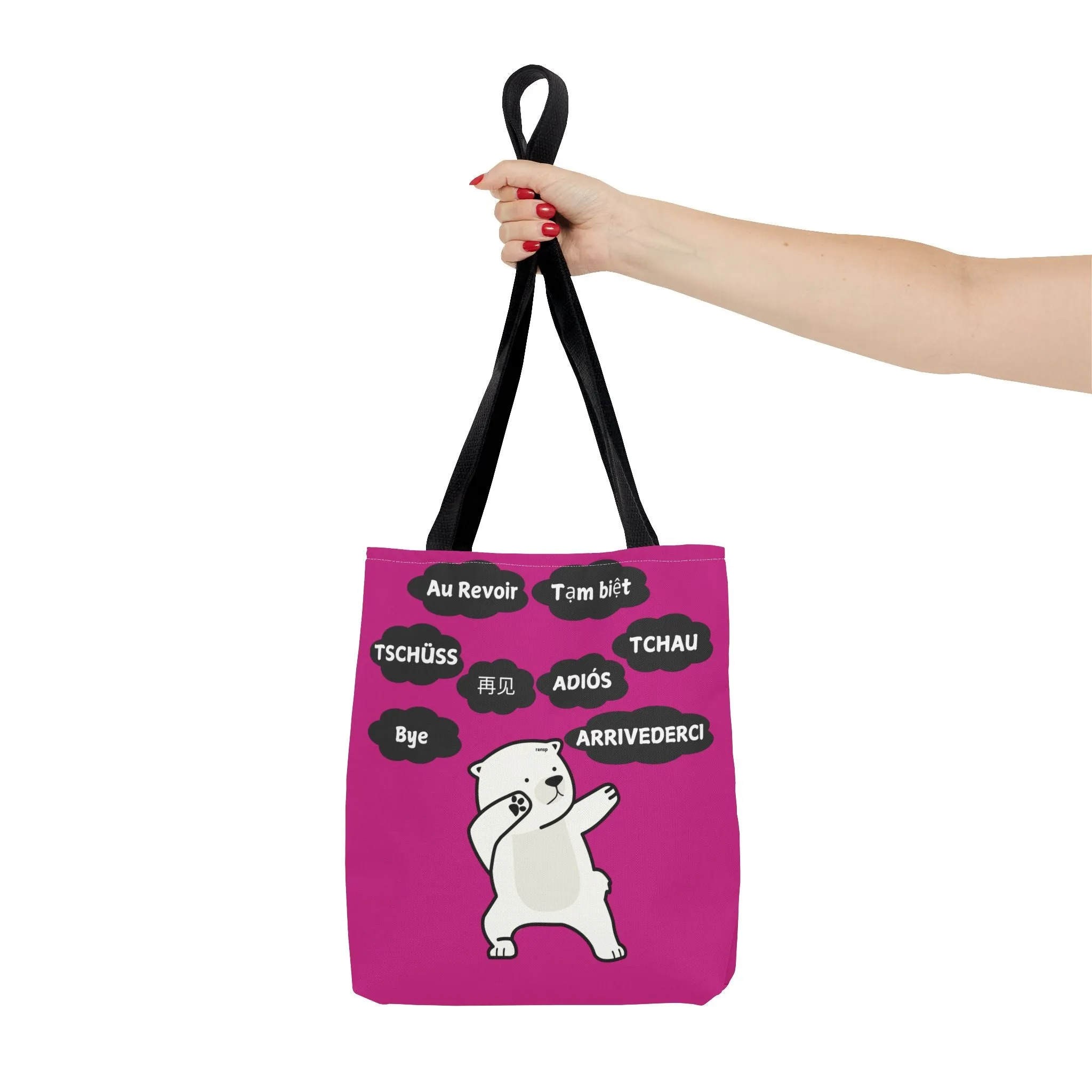 Pink Multilingual Farewell Tote Bag with Dancing Bear Design- Perfect for Friendship Gifts, Bag for Shopping, Everyday Shopping bag