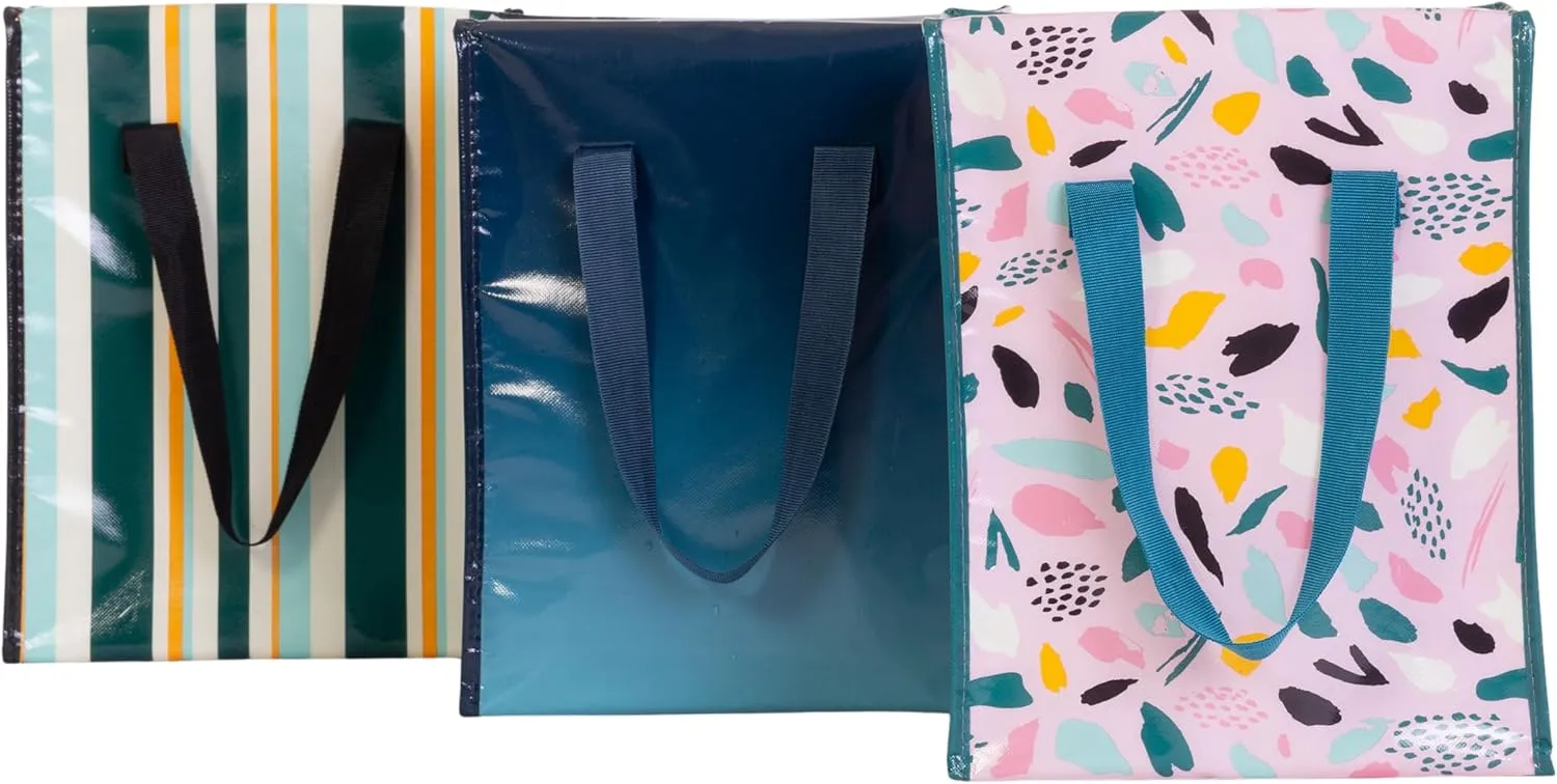 PLANET E Reusable Grocery and Picnic Bags - Colorful Collapsible Multipurpose Heavy Duty Utility Tote with Insulated Zippered Cooler (Pack of 3)