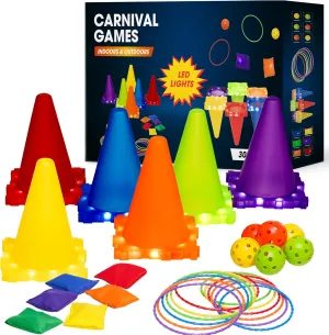 Plastic Cones and Rings with LED Lights, Ring Toss 3 in 1 Game for Adults Carnival Game for Kids, Ring Toss,Balls and Bean Bag Hard Plastic Cones Birthday Party, Gift Kids Age 4 5 6 7 8 9 and Up