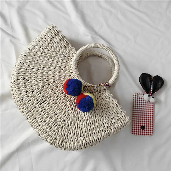 Pom-pom Weaved Straw Bag