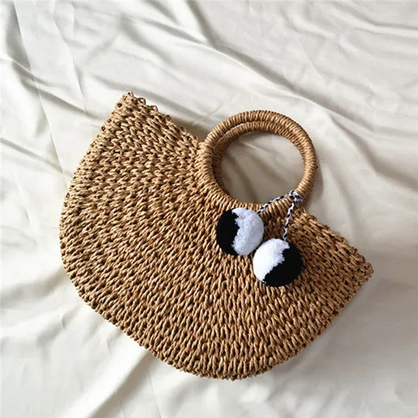 Pom-pom Weaved Straw Bag