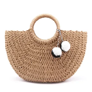 Pom-pom Weaved Straw Bag
