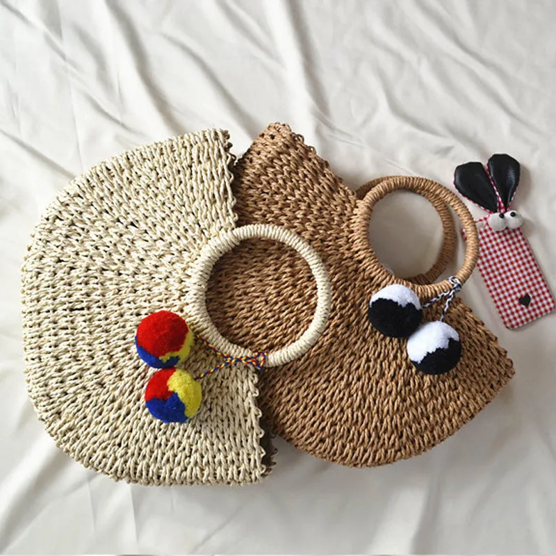 Pom-pom Weaved Straw Bag