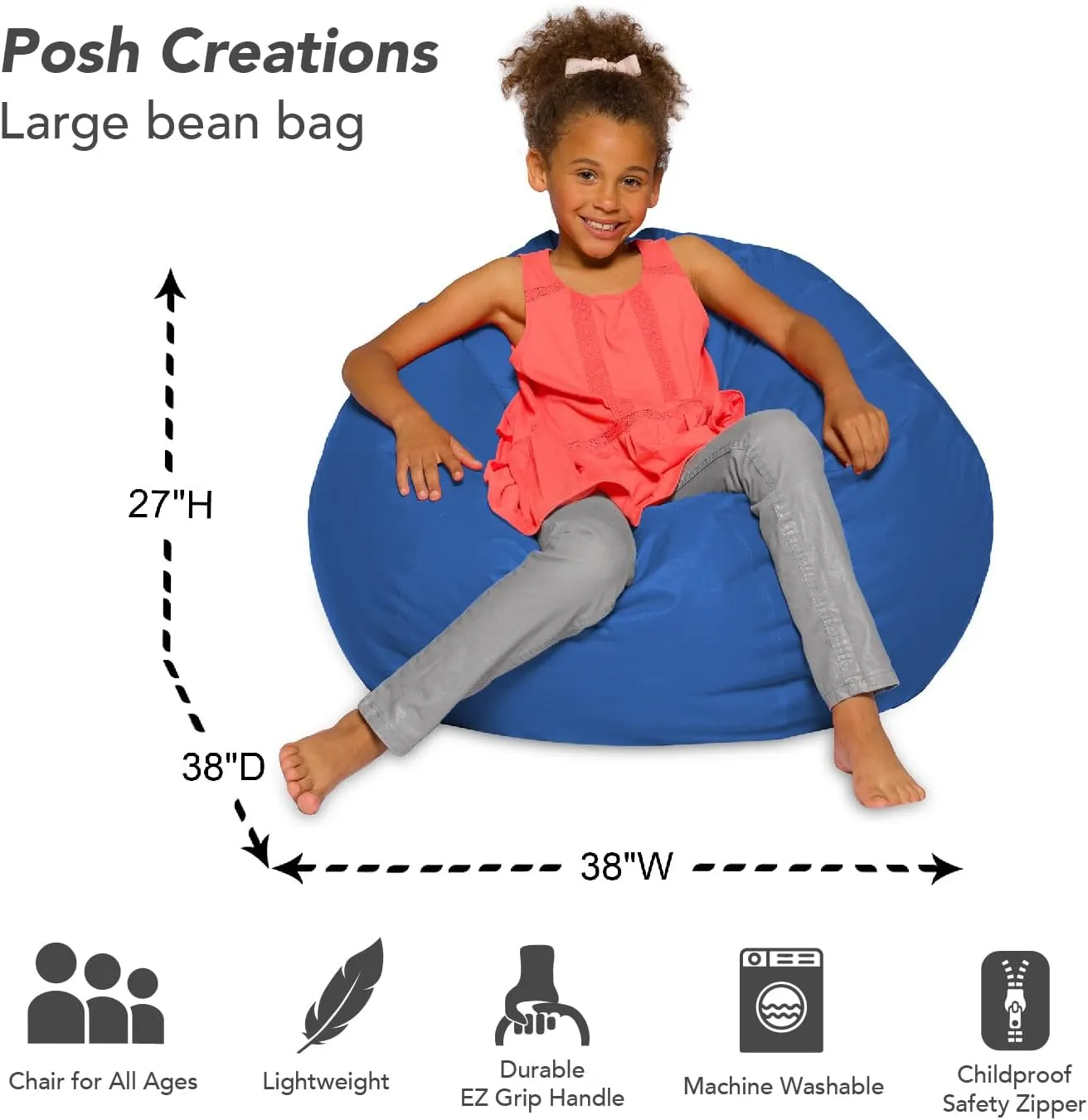 Posh Creations Beanbags Bean Bag Chair, Large-38in, Solid Royal Blue