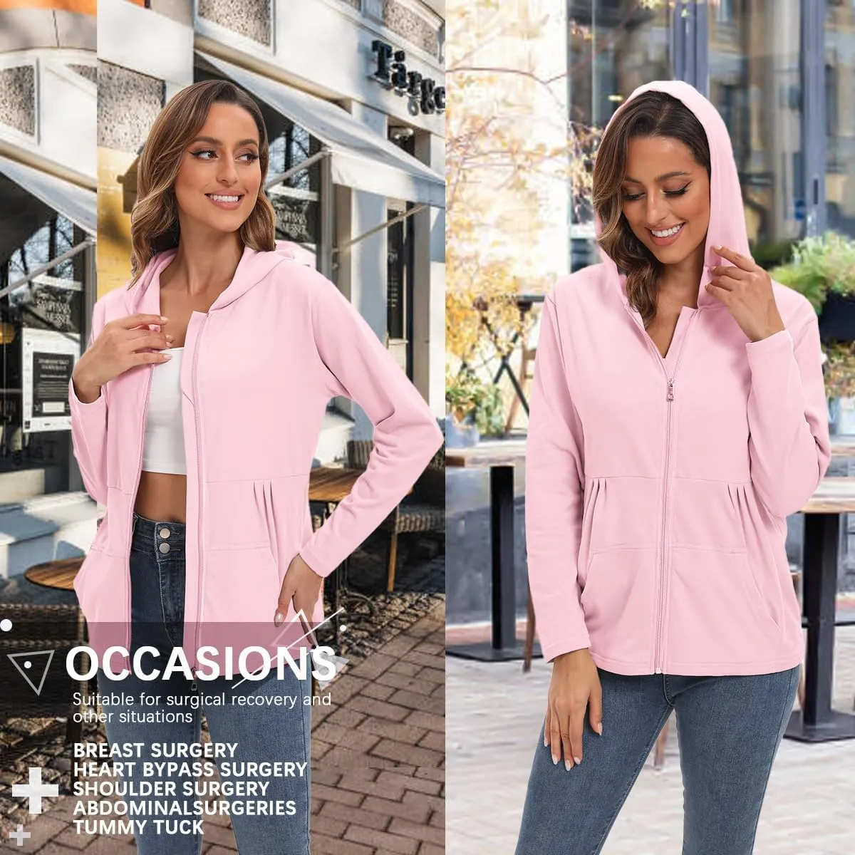 Post Mastectomy Shirts with Drain Pockets Breast Mastectomy Recovery Must Haves Soft Long Sleeve Zip Up Shirts Clothing