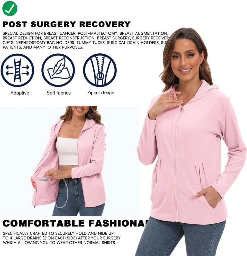 Post Mastectomy Shirts with Drain Pockets Breast Mastectomy Recovery Must Haves Soft Long Sleeve Zip Up Shirts Clothing