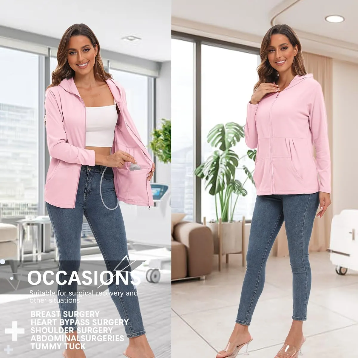Post Mastectomy Shirts with Drain Pockets Breast Mastectomy Recovery Must Haves Soft Long Sleeve Zip Up Shirts Clothing