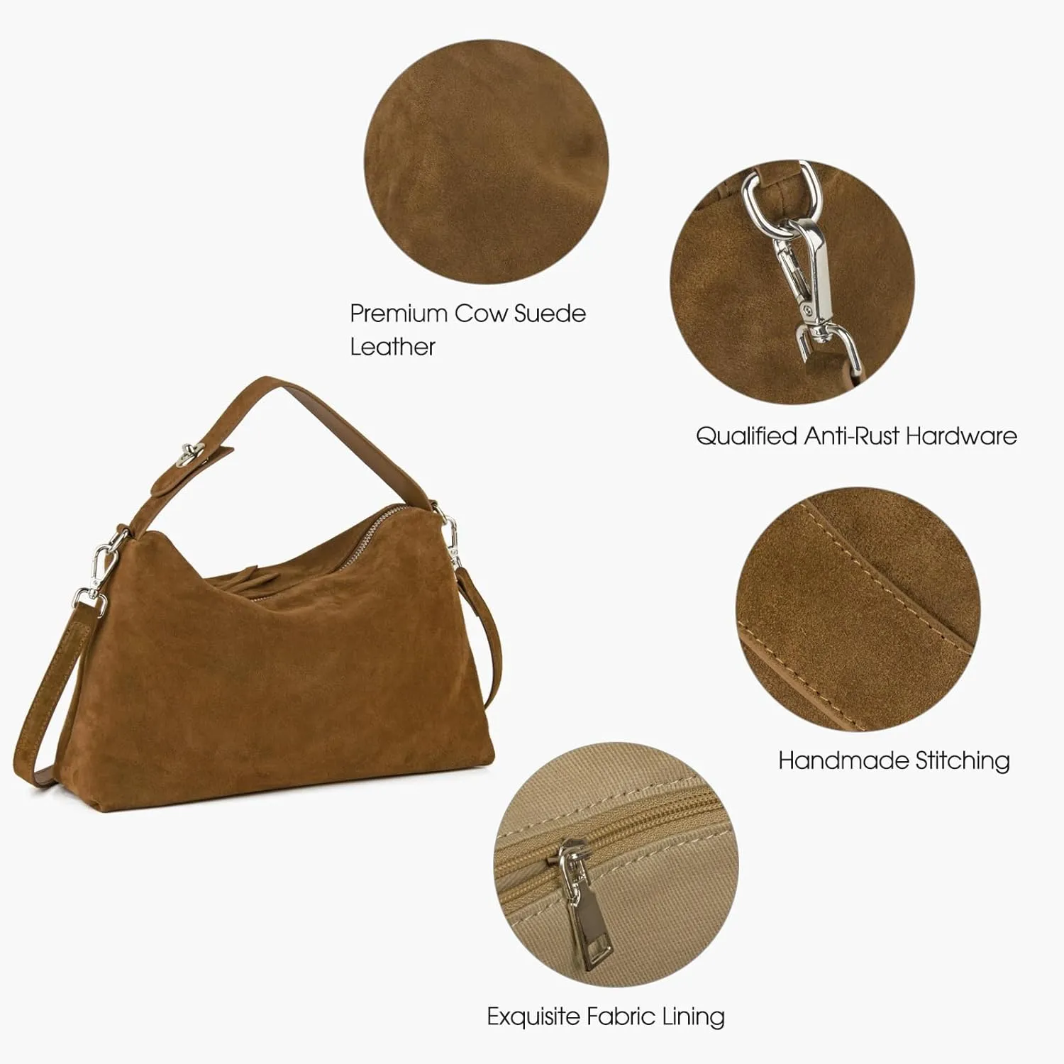 Premium Suede Leather Crossbody Bags for Women, Slouchy Suede Shoulder Bag with Adjustable Strap and Tote Handbag