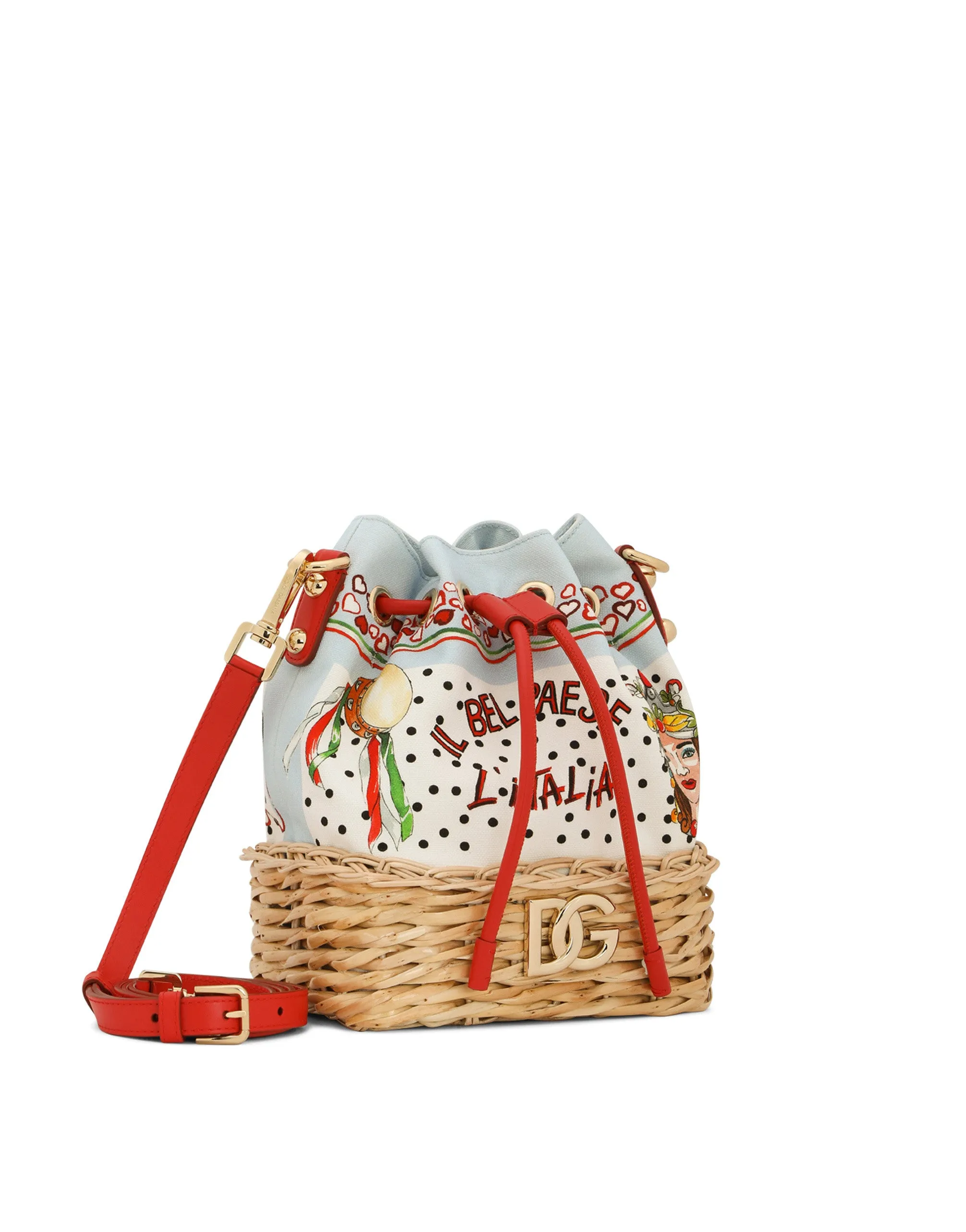 Printed canvas and wicker bucket bag