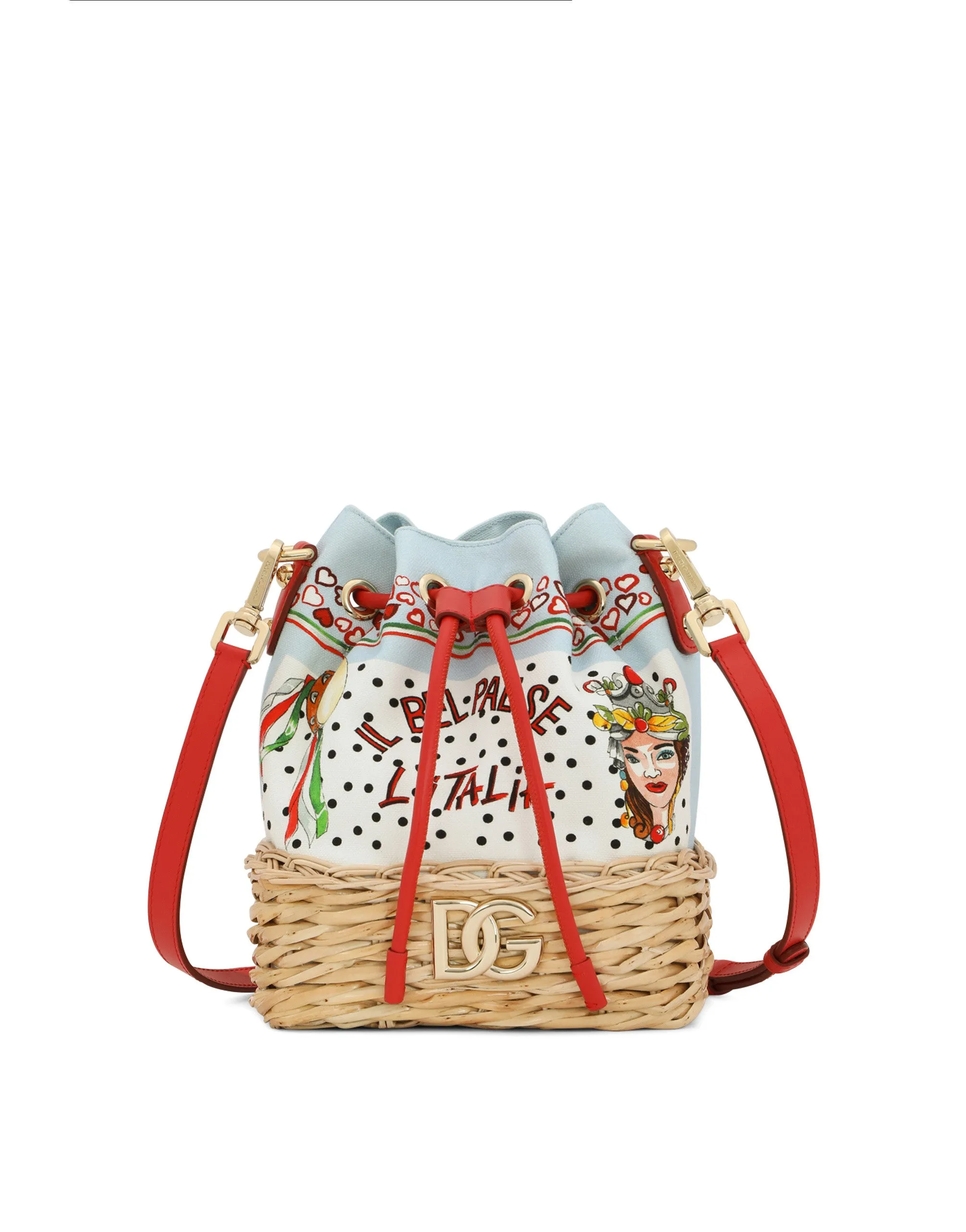Printed canvas and wicker bucket bag