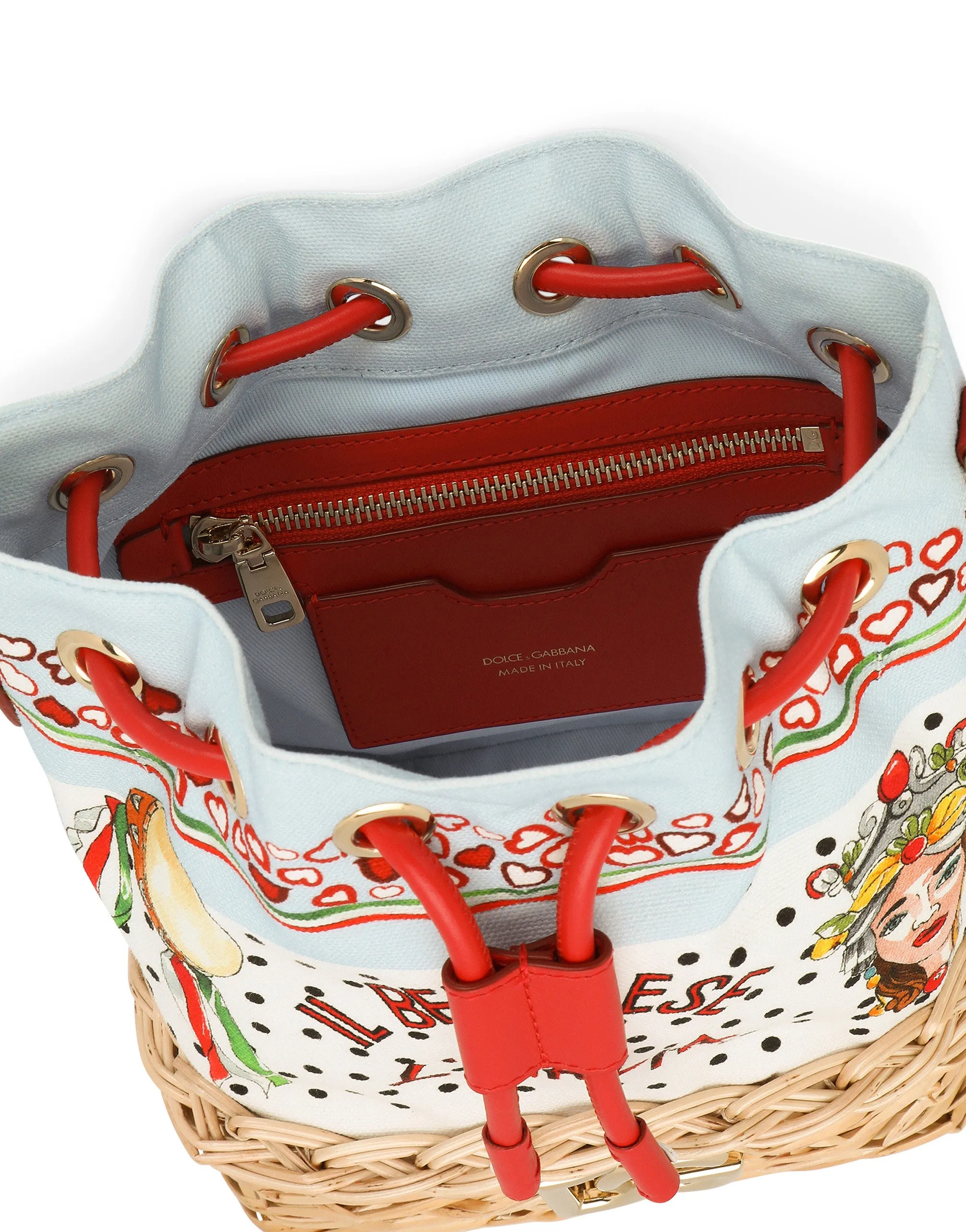 Printed canvas and wicker bucket bag