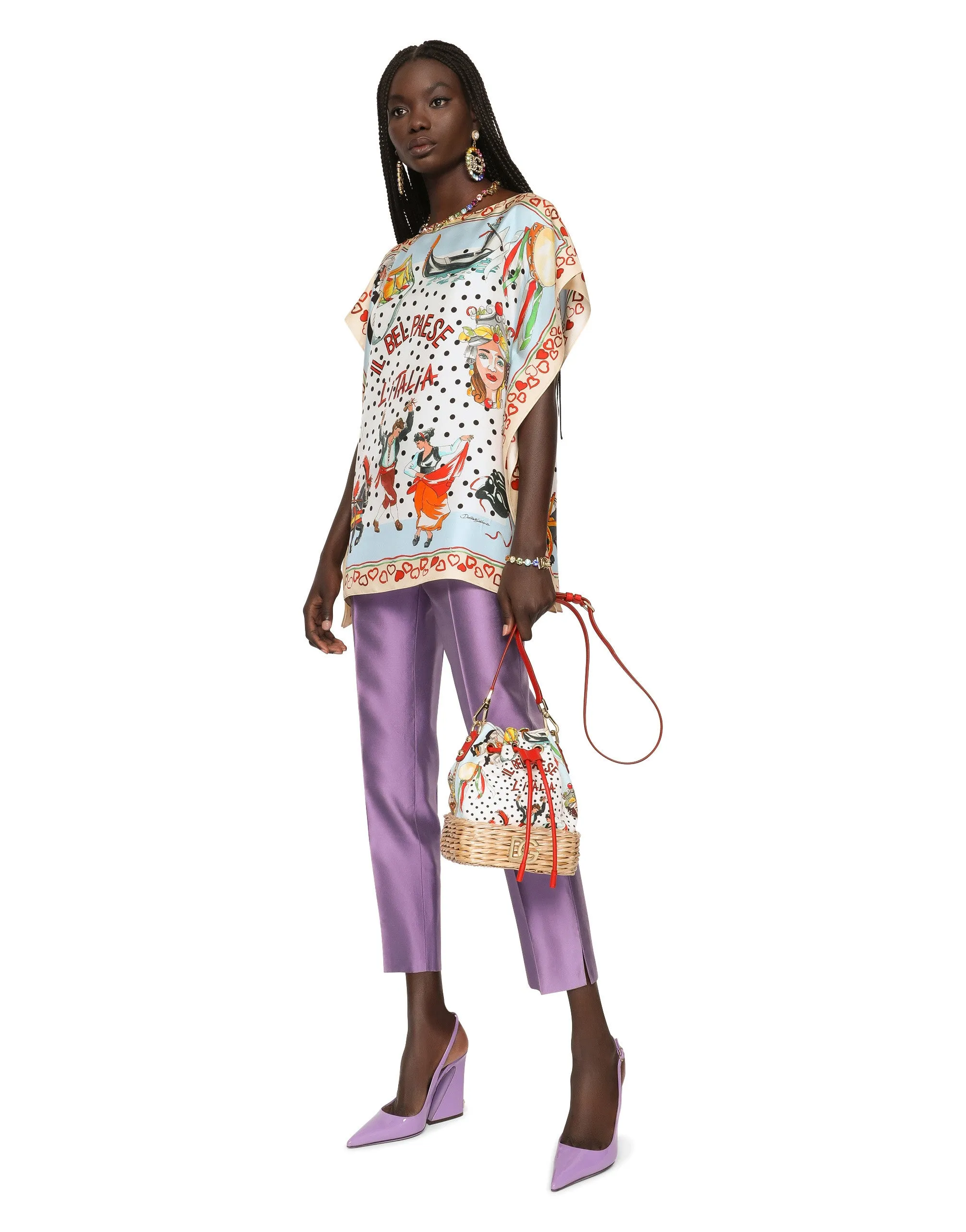 Printed canvas and wicker bucket bag