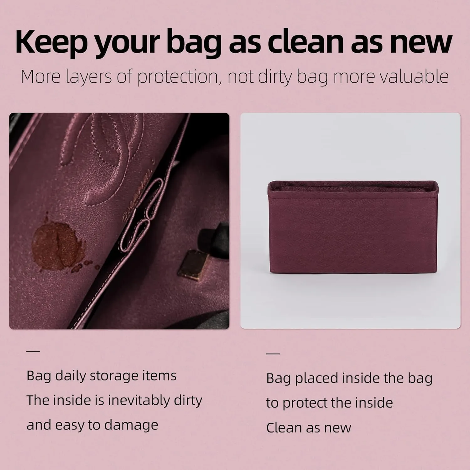 Purse Organizer Insert Fits Chanel 19 Bags, Lightweight Bag Shaper for Women Luxury Handbag Tote, Soft Inner Bag (Jumbo 30, Purplish Red)