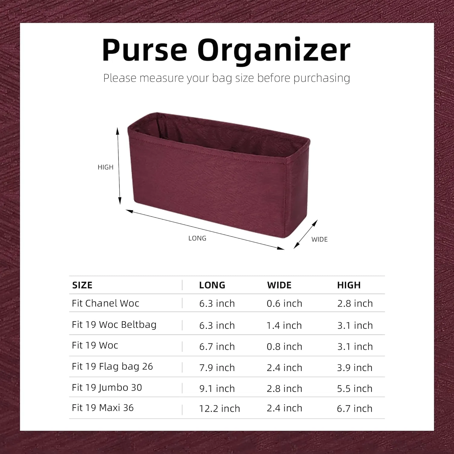 Purse Organizer Insert Fits Chanel 19 Bags, Lightweight Bag Shaper for Women Luxury Handbag Tote, Soft Inner Bag (Jumbo 30, Purplish Red)