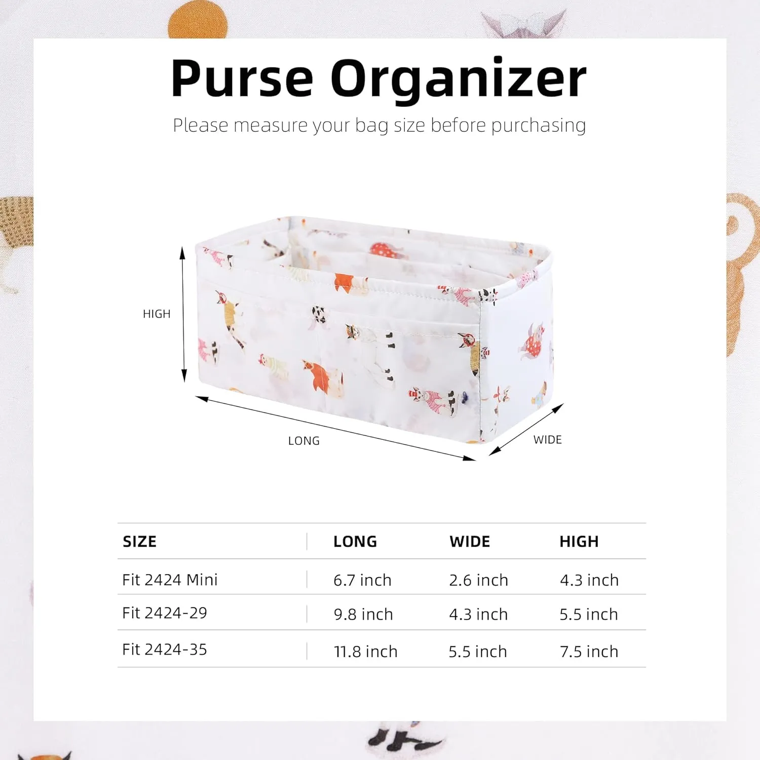 Purse Organizer Insert fits Kelly24/24 mini/29/35 bags, Lightweight Bag organizer for Women Luxury Handbag Tote, Soft Inner Bag (24/24-mini, Cat Paradise)
