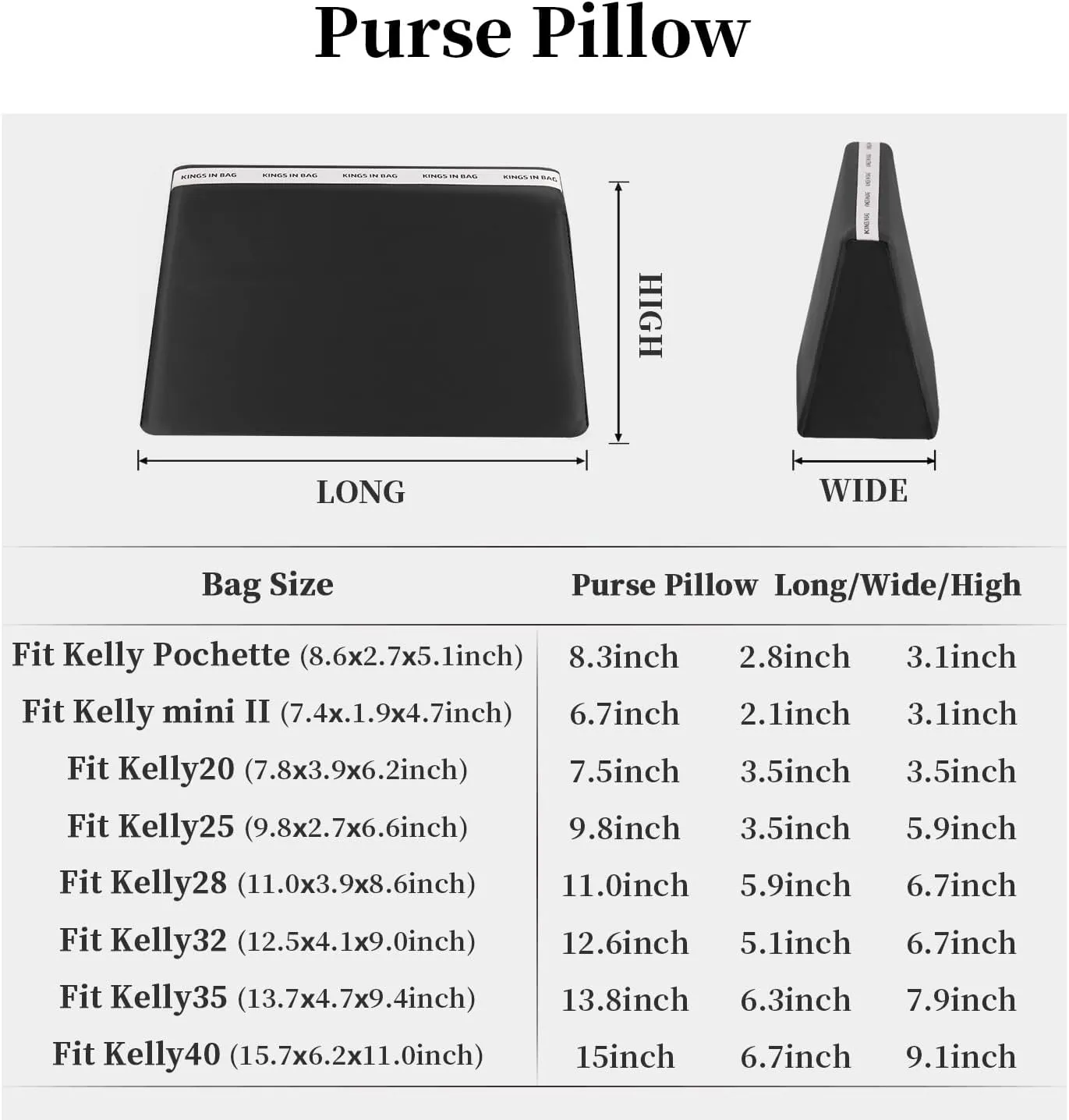 Purse Pillow Insert Compatible with Kelly Bags, Handbag Filler with Soft Satins for Luxury Bags, Soft Purse Inner Pillow with Memory Foam for Handbag Storage (black, KE 25 Sellier)