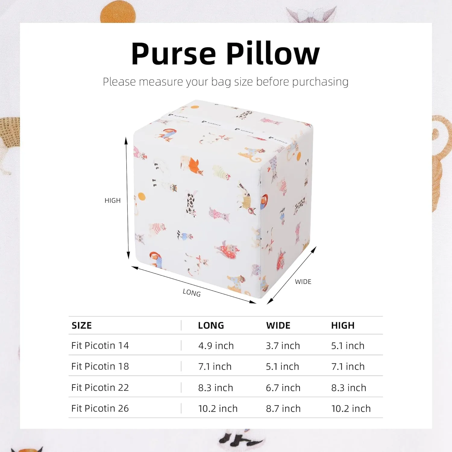 Purse Pillow Insert for Picotin 14/18/22/26 bags, Soft Memory Foam Bag Pillow, Luxury Handbag Tote Shaper(PC18,Cat paradise)