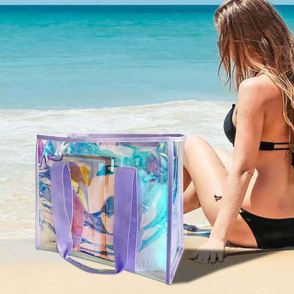 PVC Waterproof Holographic Colorful Tote Handbag with Small Mobile Phone Bag for Beach, Travel and Shopping（0.4MM）