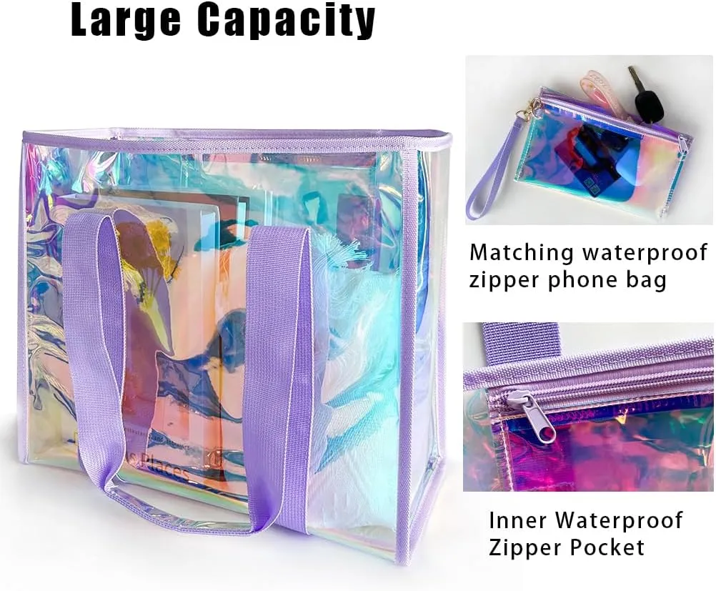 PVC Waterproof Holographic Colorful Tote Handbag with Small Mobile Phone Bag for Beach, Travel and Shopping（0.4MM）