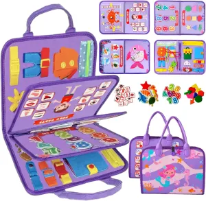 Qizfun Busy Board Montessori Toys for 1 2 3 4 Year Old, Educational Sensory Preschool Learning Toys for Toddlers 1-3, Car & Airplane Travel Activities Toys for Kids Ages 2-4, Girl Birthday Gift