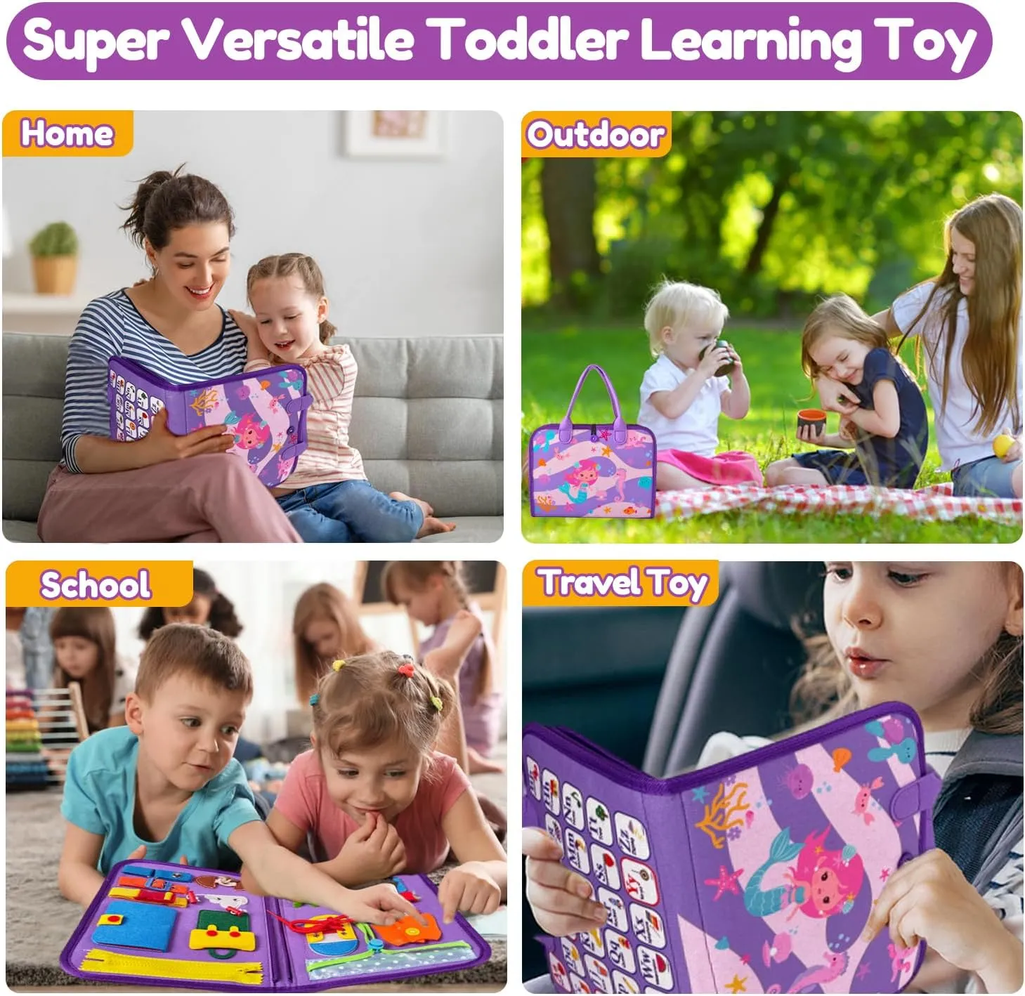 Qizfun Busy Board Montessori Toys for 1 2 3 4 Year Old, Educational Sensory Preschool Learning Toys for Toddlers 1-3, Car & Airplane Travel Activities Toys for Kids Ages 2-4, Girl Birthday Gift
