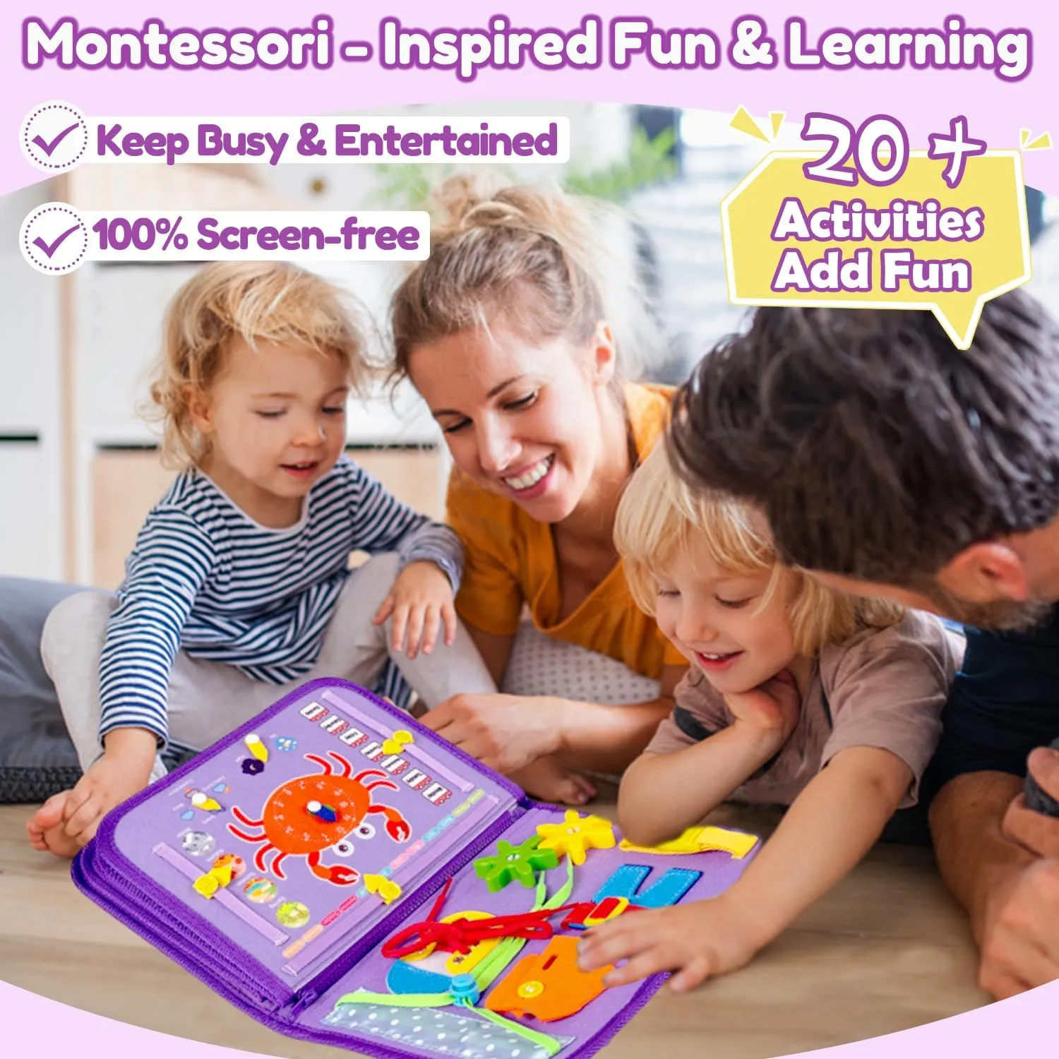 Qizfun Busy Board Montessori Toys for 1 2 3 4 Year Old, Educational Sensory Preschool Learning Toys for Toddlers 1-3, Car & Airplane Travel Activities Toys for Kids Ages 2-4, Girl Birthday Gift