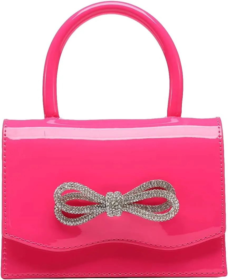 QWINEE Women's Glitter Rhinestone Bow Decor Clutch Purse Prom Bags Sparkle Mini Square Handbags