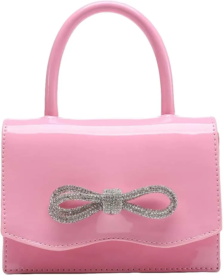 QWINEE Women's Glitter Rhinestone Bow Decor Clutch Purse Prom Bags Sparkle Mini Square Handbags