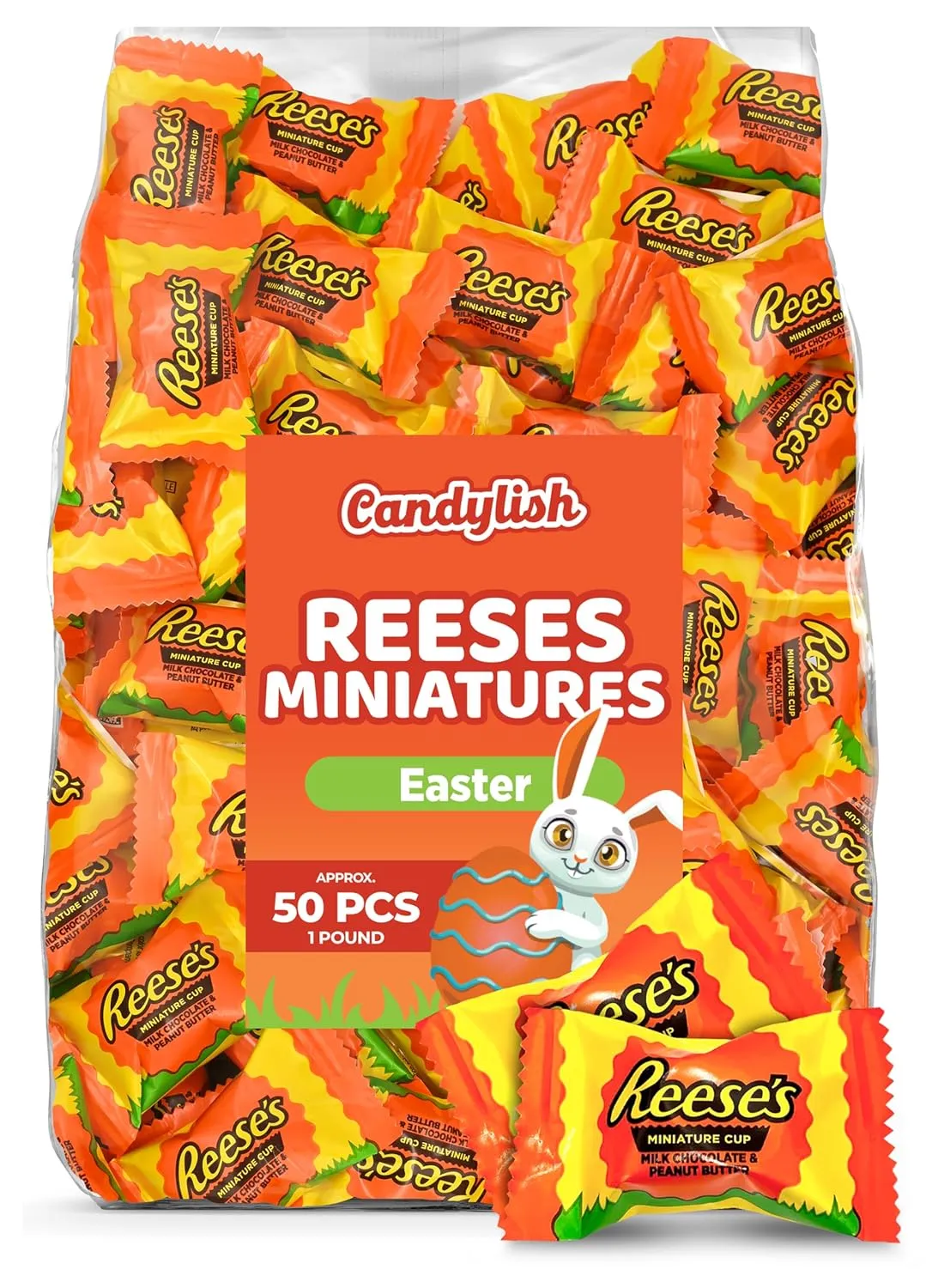 Reeces Easter Peanut Butter Cup Miniatures – Individually Wrapped Milk Chocolate Candy, 1 LB (Approx. 50 Pieces) – Easter Basket Filler, Egg Hunt Treats, Spring Party Sweets, Bulk Peanut Butter Chocolate