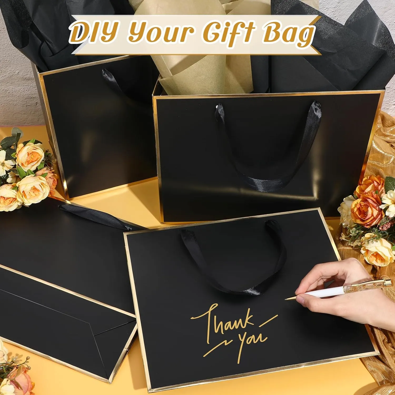 ReliThick 12 Pack Metallic Paper Gift Bag with Handles and Tissue Paper 11.8 x 10 x 4'' Thank You Favor Bag for Wedding Bridesmaid Graduation Groomsmen 5 Senses Birthday Gifts(Black, Gold)