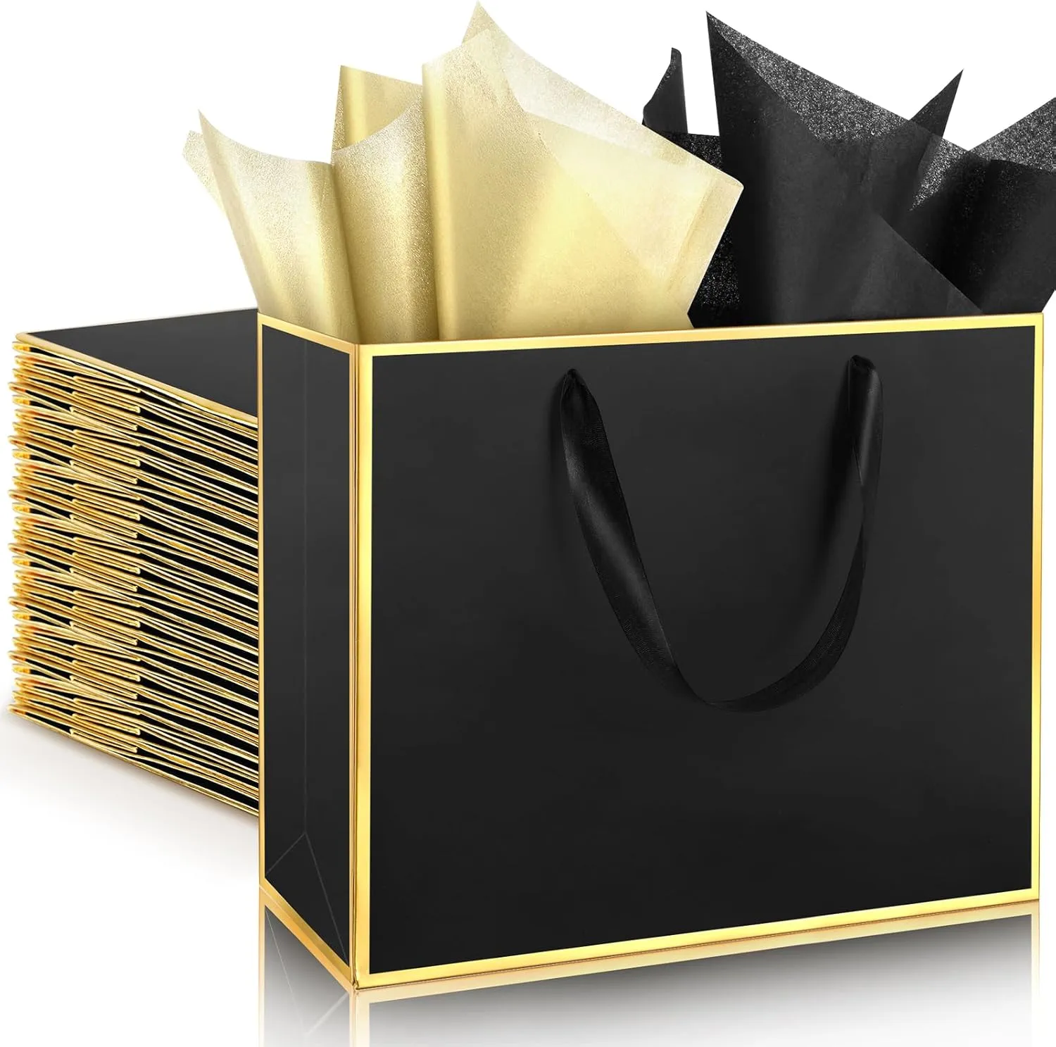 ReliThick 12 Pack Metallic Paper Gift Bag with Handles and Tissue Paper 11.8 x 10 x 4'' Thank You Favor Bag for Wedding Bridesmaid Graduation Groomsmen 5 Senses Birthday Gifts(Black, Gold)
