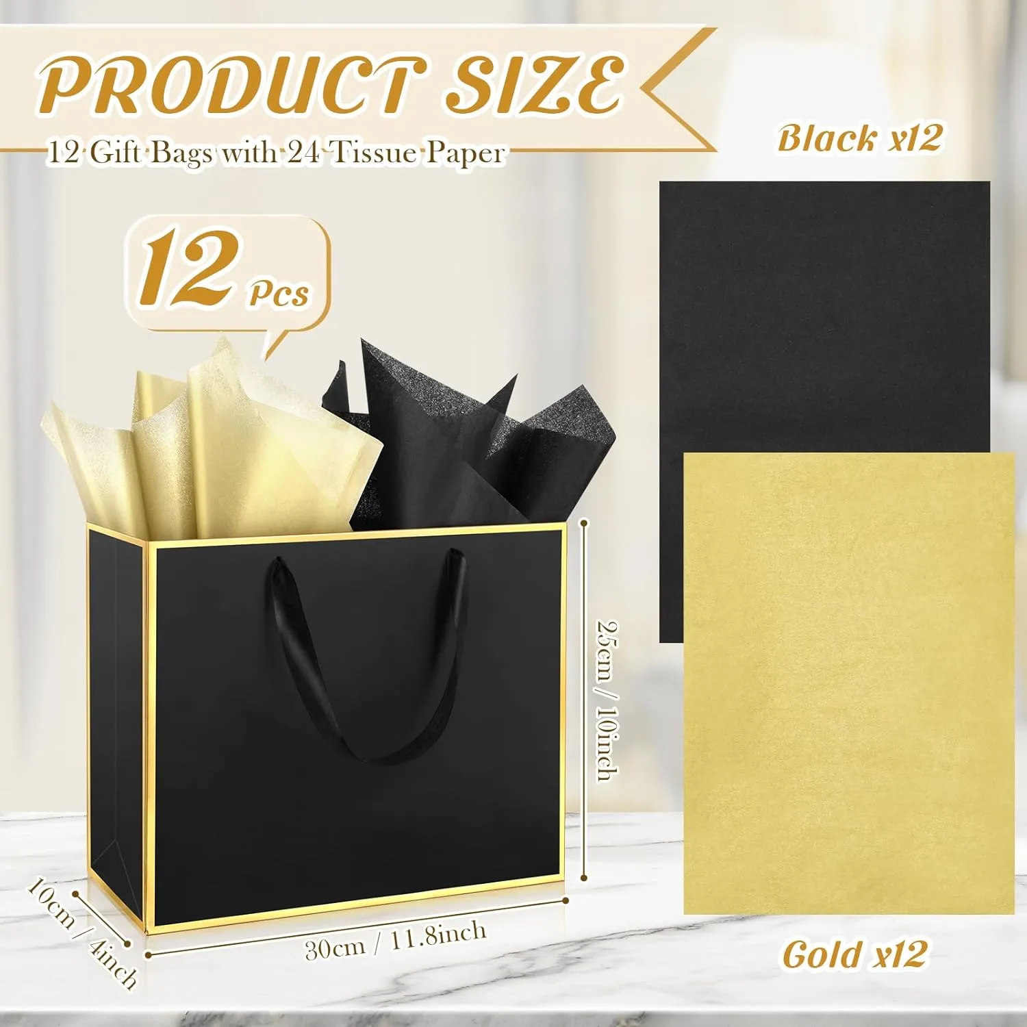 ReliThick 12 Pack Metallic Paper Gift Bag with Handles and Tissue Paper 11.8 x 10 x 4'' Thank You Favor Bag for Wedding Bridesmaid Graduation Groomsmen 5 Senses Birthday Gifts(Black, Gold)