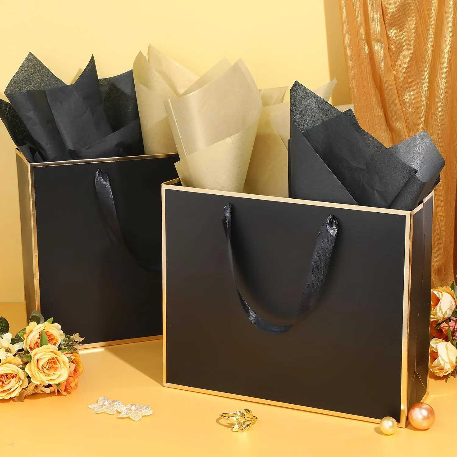 ReliThick 12 Pack Metallic Paper Gift Bag with Handles and Tissue Paper 11.8 x 10 x 4'' Thank You Favor Bag for Wedding Bridesmaid Graduation Groomsmen 5 Senses Birthday Gifts(Black, Gold)