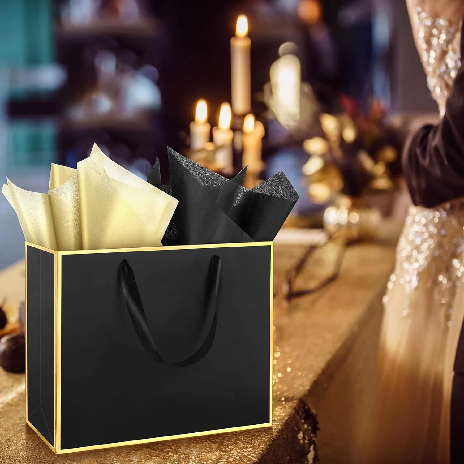 ReliThick 12 Pack Metallic Paper Gift Bag with Handles and Tissue Paper 11.8 x 10 x 4'' Thank You Favor Bag for Wedding Bridesmaid Graduation Groomsmen 5 Senses Birthday Gifts(Black, Gold)