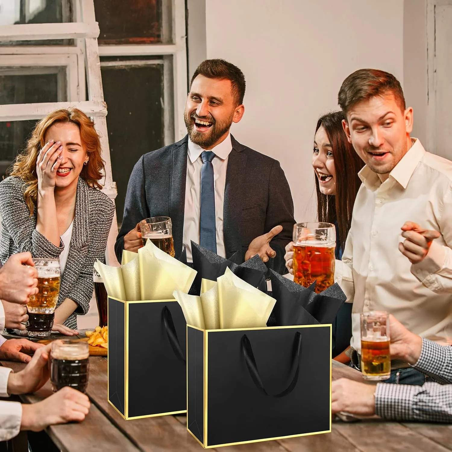 ReliThick 12 Pack Metallic Paper Gift Bag with Handles and Tissue Paper 11.8 x 10 x 4'' Thank You Favor Bag for Wedding Bridesmaid Graduation Groomsmen 5 Senses Birthday Gifts(Black, Gold)