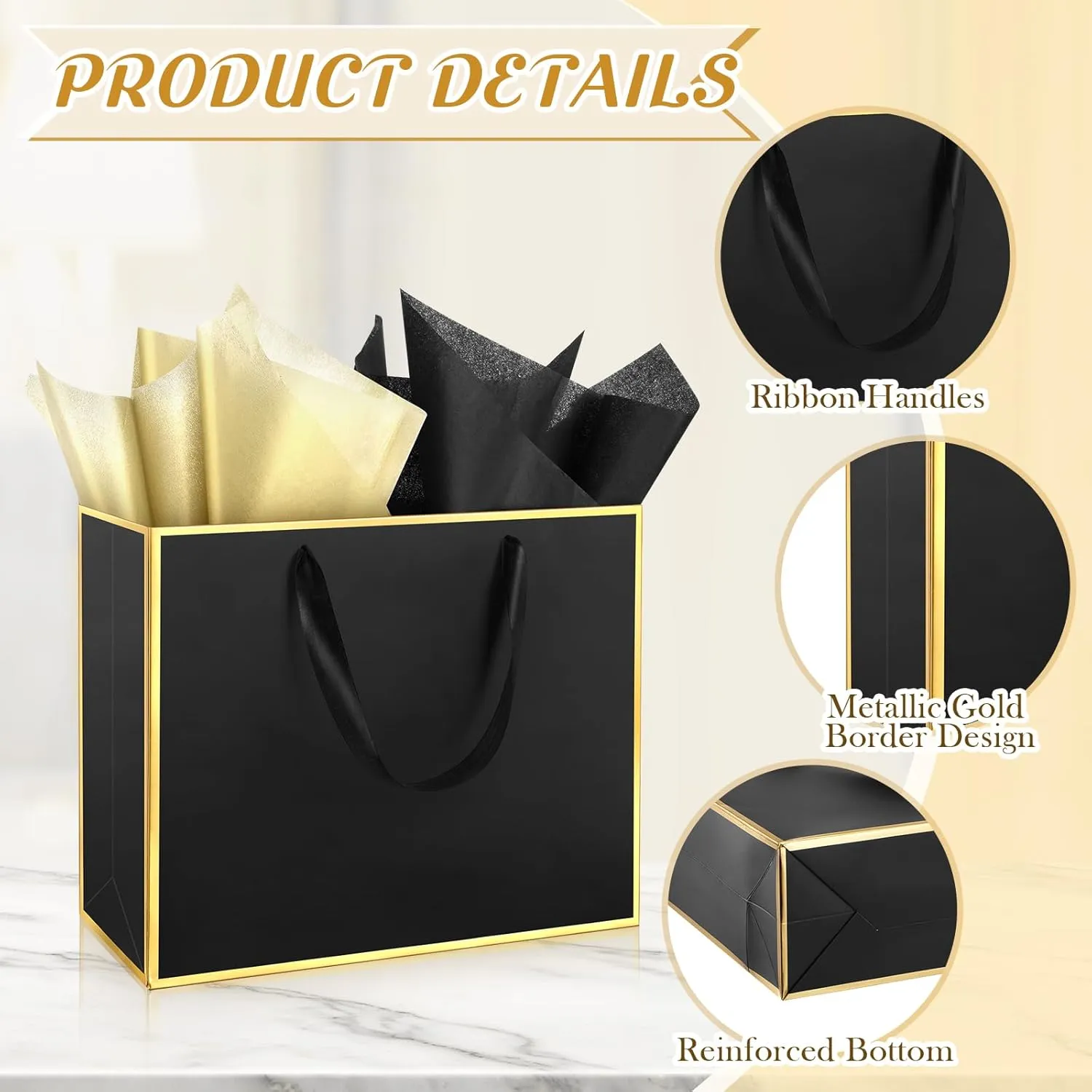 ReliThick 12 Pack Metallic Paper Gift Bag with Handles and Tissue Paper 11.8 x 10 x 4'' Thank You Favor Bag for Wedding Bridesmaid Graduation Groomsmen 5 Senses Birthday Gifts(Black, Gold)