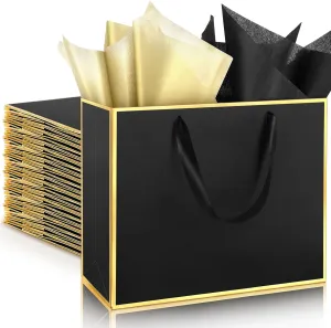 ReliThick 12 Pack Metallic Paper Gift Bag with Handles and Tissue Paper 11.8 x 10 x 4'' Thank You Favor Bag for Wedding Bridesmaid Graduation Groomsmen 5 Senses Birthday Gifts(Black, Gold)