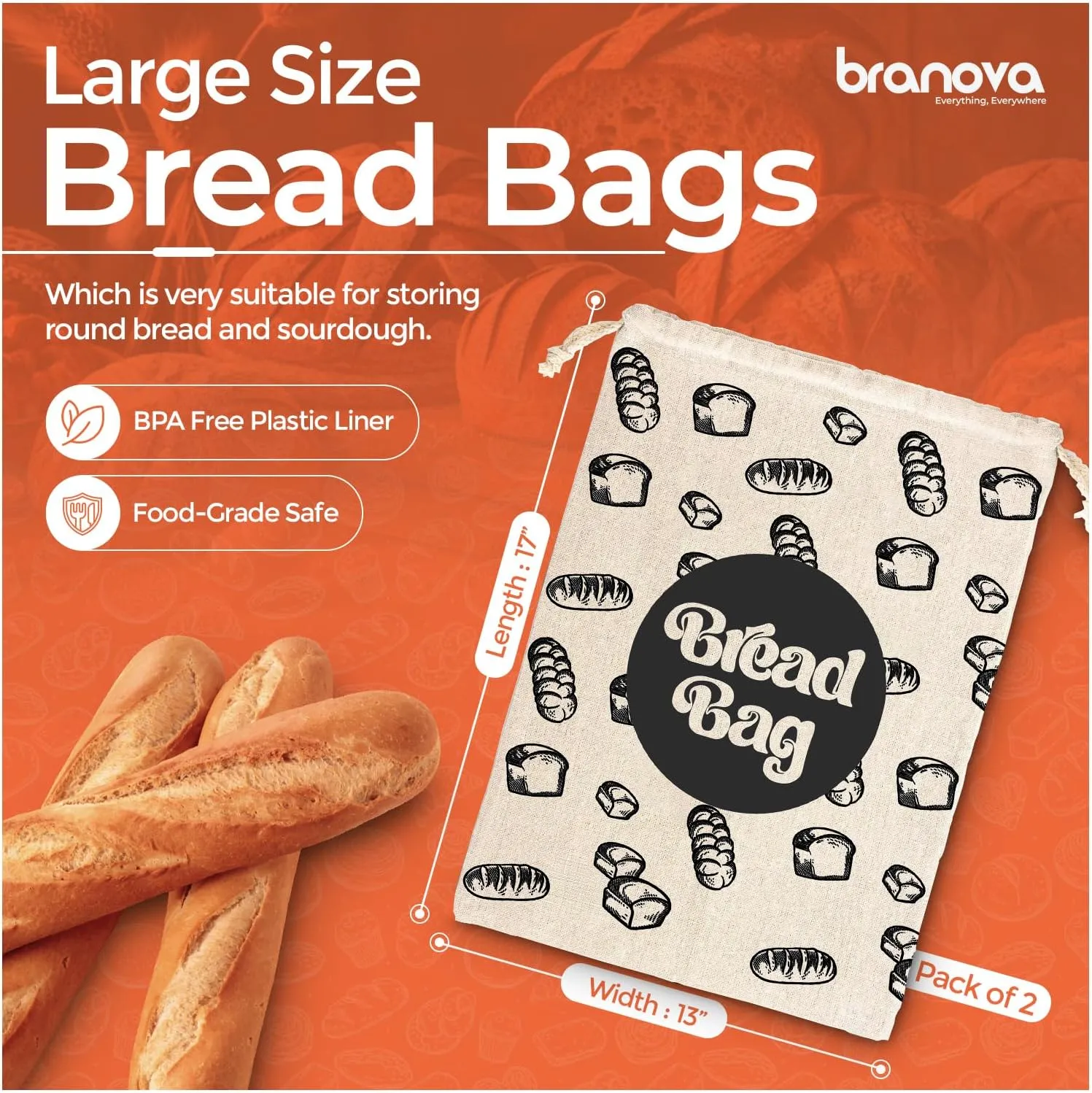 Reusable Bread Bags - 2 Pack Plastic Lined Linen Bread Storage Bags - 17" x 13"