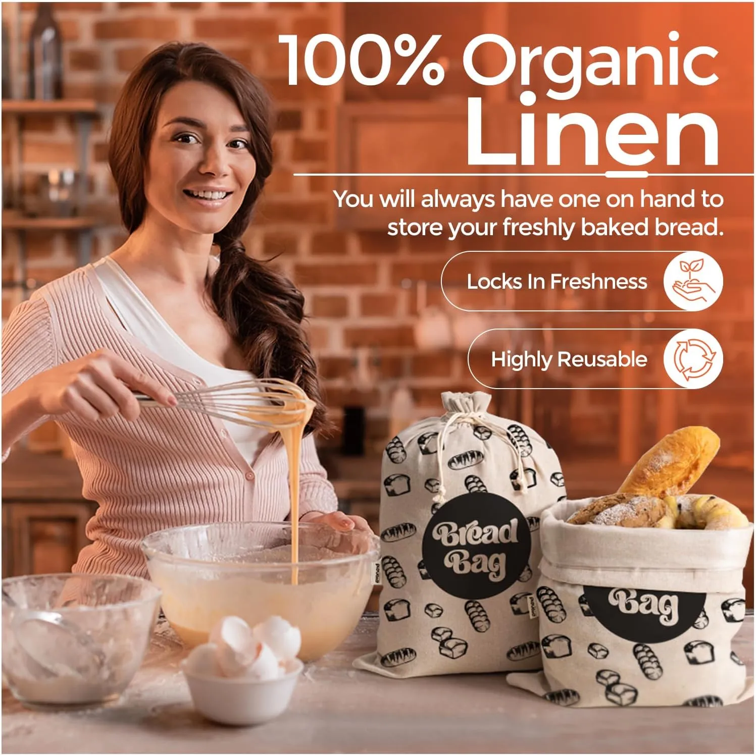 Reusable Bread Bags - 2 Pack Plastic Lined Linen Bread Storage Bags - 17" x 13"