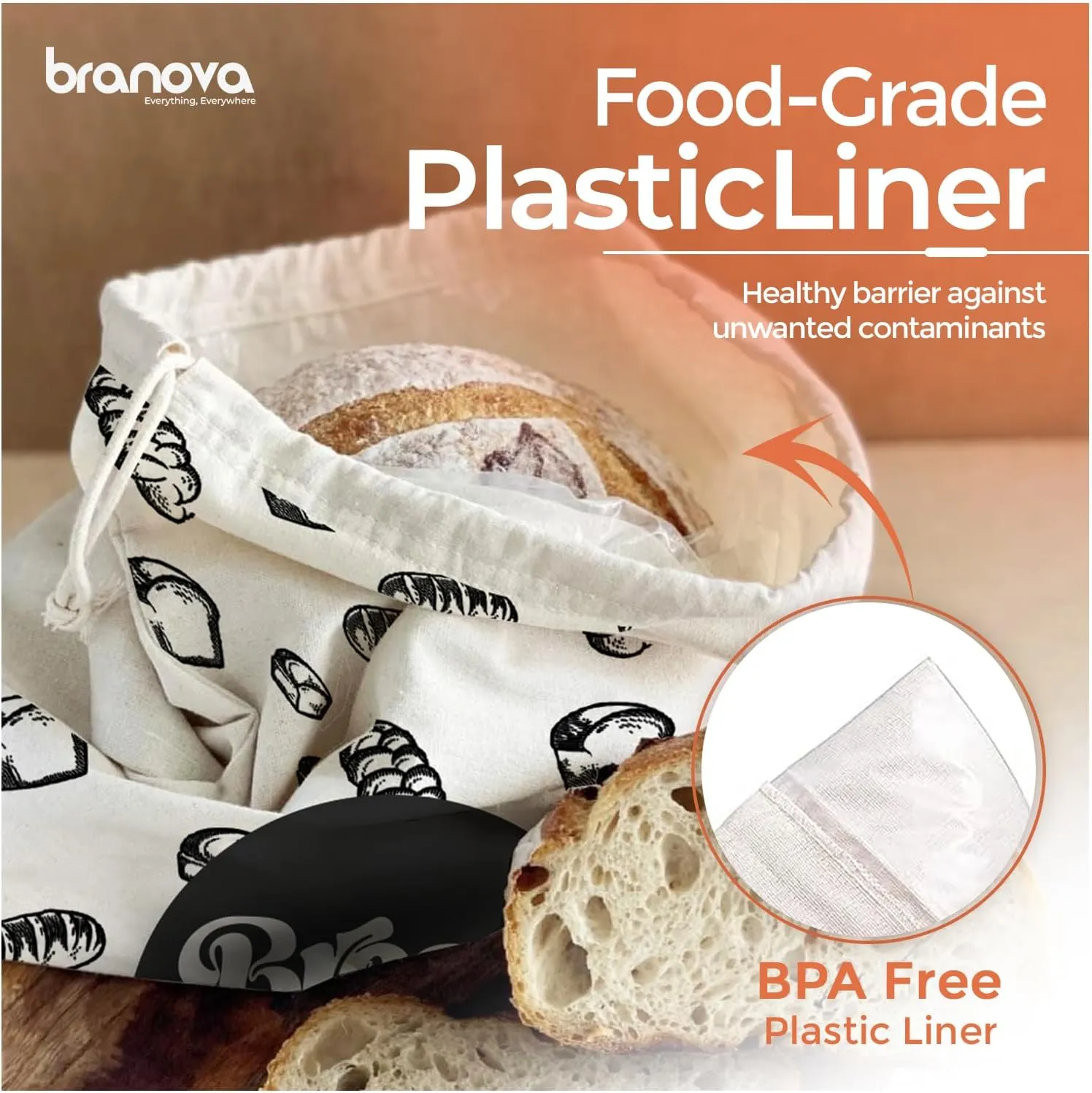 Reusable Bread Bags - 2 Pack Plastic Lined Linen Bread Storage Bags - 17" x 13"