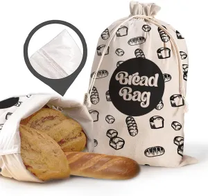Reusable Bread Bags - 2 Pack Plastic Lined Linen Bread Storage Bags - 17" x 13"