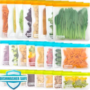 Reusable Food Storage Bags - 24 Pack Freezer Bags, Reusable Bags Silicone, Extra Thick Leakproof Reusable Lunch Bag for Salad Fruit Marinate Meats - 8 Gallon 8 Sandwich 8 Snack Bags