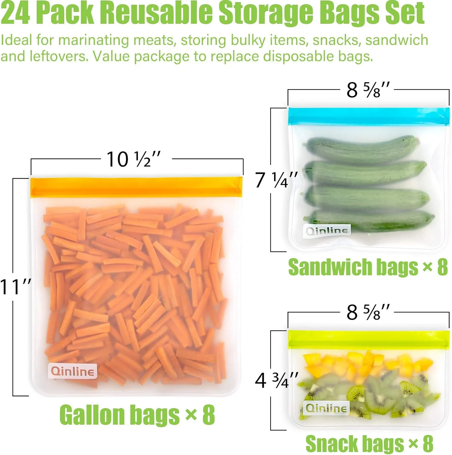 Reusable Food Storage Bags - 24 Pack Freezer Bags, Reusable Bags Silicone, Extra Thick Leakproof Reusable Lunch Bag for Salad Fruit Marinate Meats - 8 Gallon 8 Sandwich 8 Snack Bags