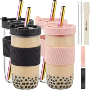 Reusable Glass Mason Jars Cups with Lids and Straws Silicone Sleeves, 4 Pack 24Oz Wide Mouth Smoothie Cups Glass Bubble Tea Cup, Leakproof drinking glasses Water Bottle Travel Tumbler for Large Pearl