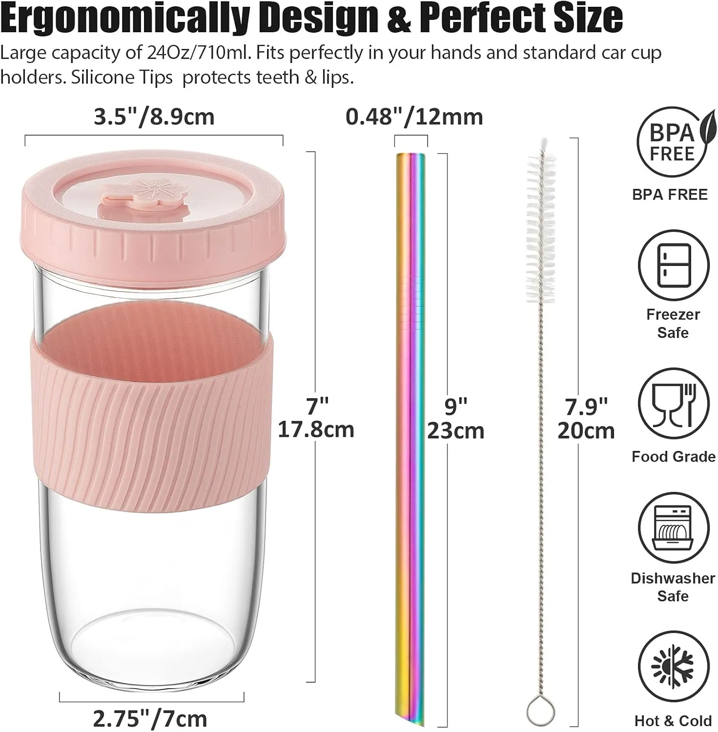 Reusable Glass Mason Jars Cups with Lids and Straws Silicone Sleeves, 4 Pack 24Oz Wide Mouth Smoothie Cups Glass Bubble Tea Cup, Leakproof drinking glasses Water Bottle Travel Tumbler for Large Pearl