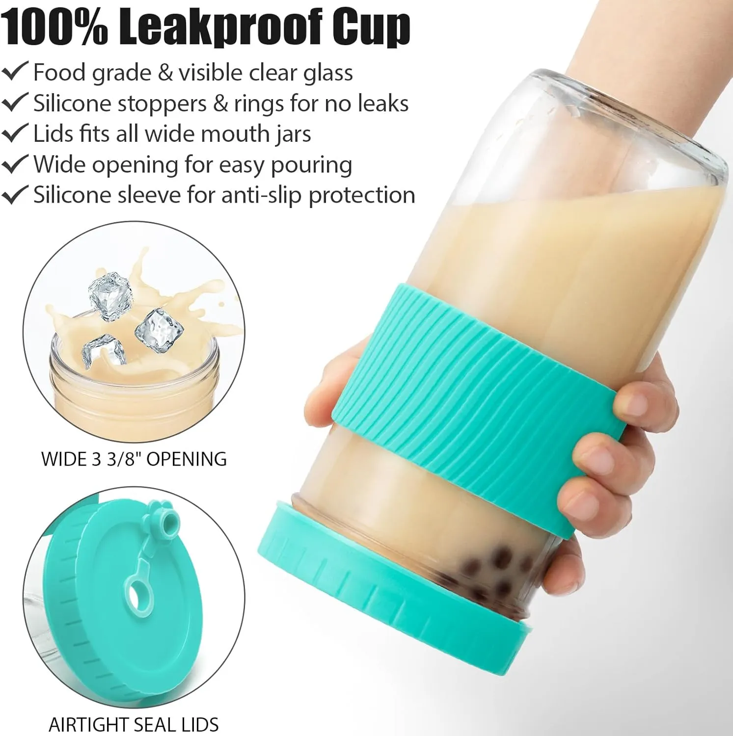 Reusable Glass Mason Jars Cups with Lids and Straws Silicone Sleeves, 4 Pack 24Oz Wide Mouth Smoothie Cups Glass Bubble Tea Cup, Leakproof drinking glasses Water Bottle Travel Tumbler for Large Pearl