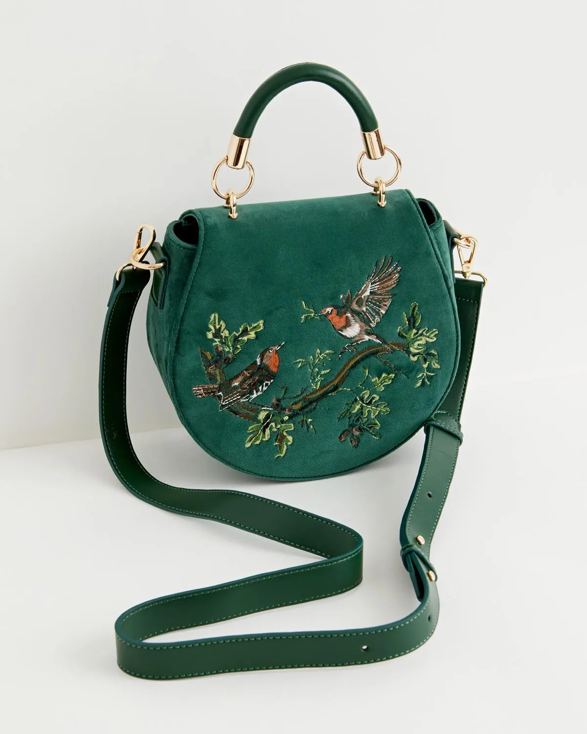 Robin Love Velvet Embroidered Saddle Bag - Fern Green